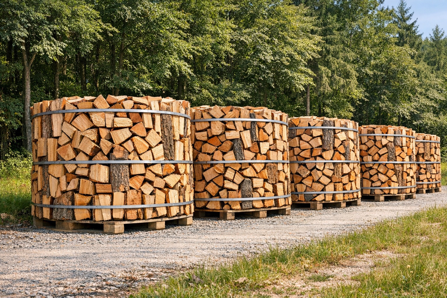 Gebündeltes Brennholz aus Buche am Waldrand
